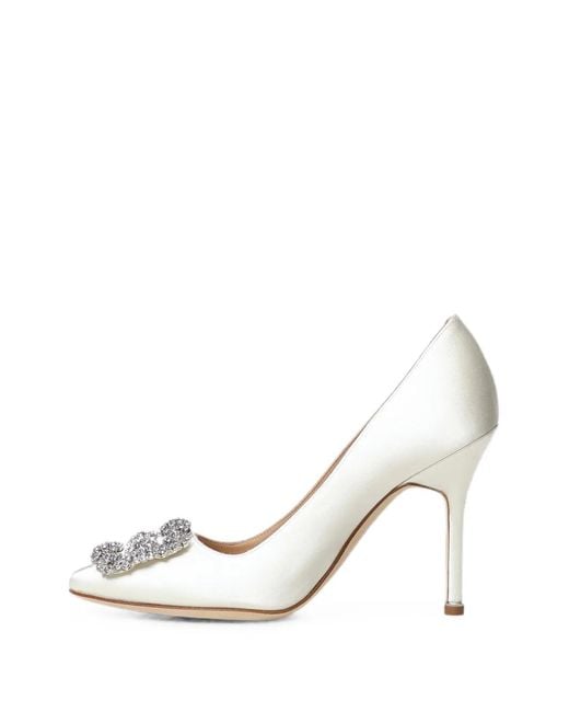 Manolo Blahnik White Hangisi Crystal-Buckle Pumps