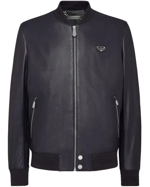 Philipp Plein Black Leather Bomber Jacket for men