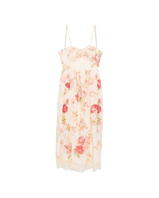 Zimmermann Pink Roselight Picnic Floral-Print Linen Midi Dress