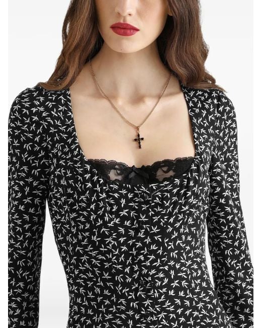 Dolce & Gabbana Black Robe En Charmeuse À Imprimé Végétal
