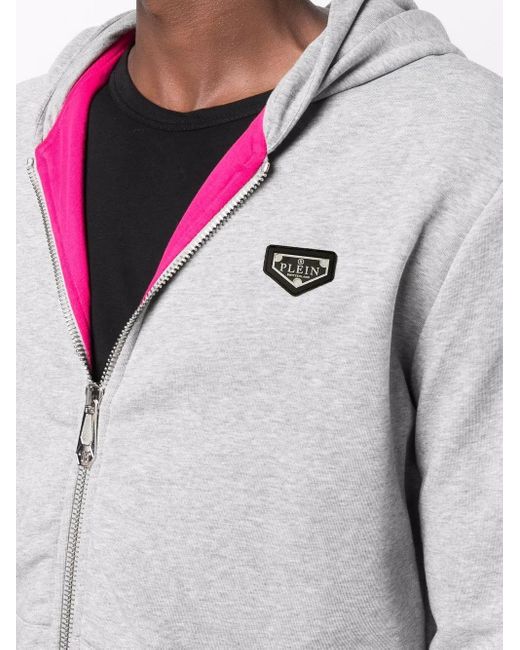 Philipp Plein Gray Logo-Patch Zip-Up Hoodie for men