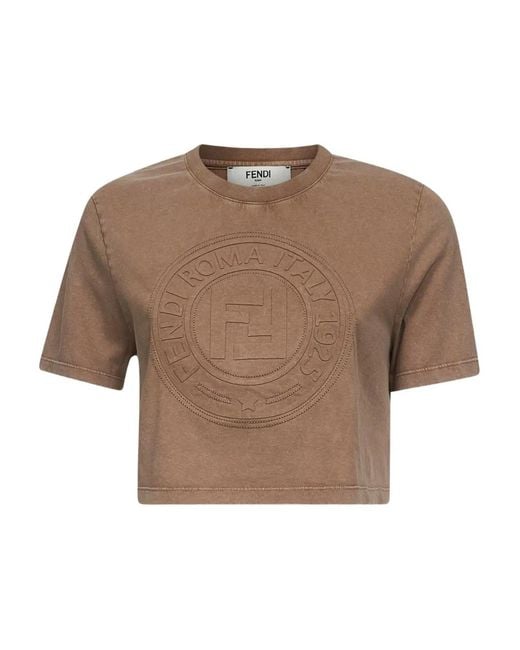Fendi Brown Embossed-Logo Cropped T-Shirt