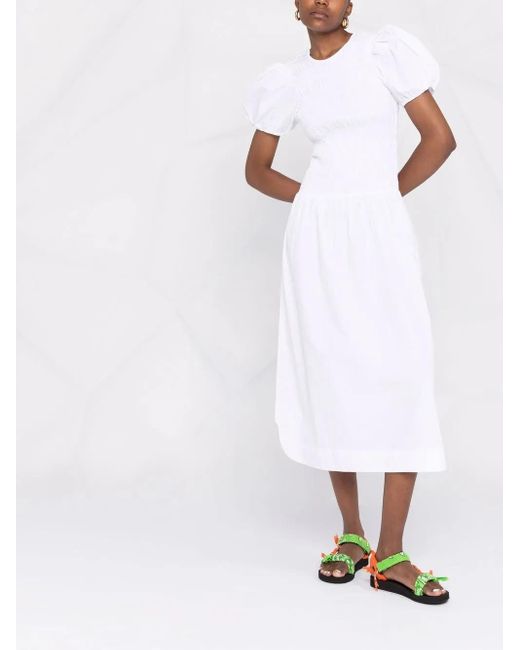 Ganni White Shirred Poplin Midi Dress