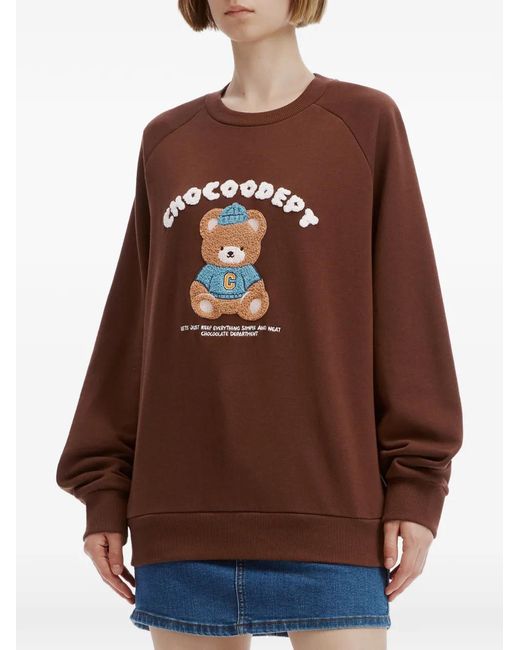 Chocoolate Brown Bear-Patch Long-Sleeve Sweatshirt