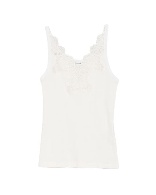 Sandro White Ribbed Vest Top With Lace
