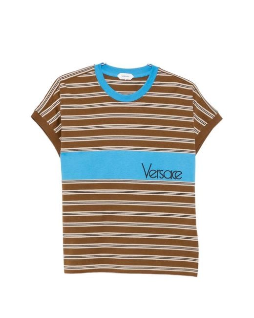 Versace Blue Logo-Embroidered Striped T-Shirt for men