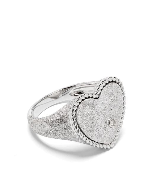 Yvonne Léon White 9Kt Chevalière Coeur Pailletée Signet Ring