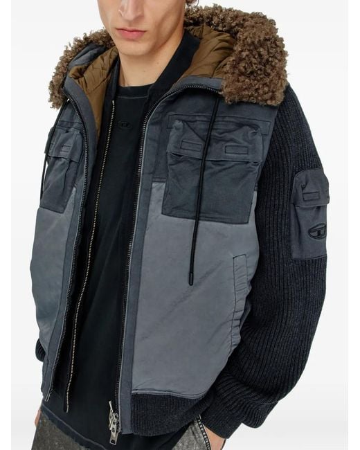 DIESEL Blue Hooded Padded Jacket With Knitted Sleeves for men