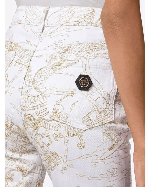 Philipp Plein White Skeleton-Print Cropped Jeans