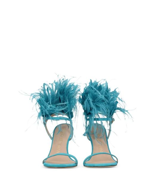 Stuart Weitzman Blue Plume 100 Feather-Trim Suede Sandals