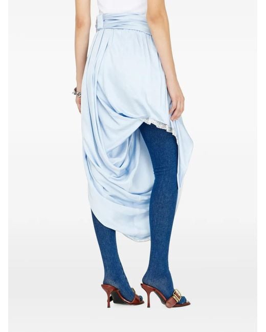 DIESEL Blue Draped Satin Midi Skirt With Lace-Trim