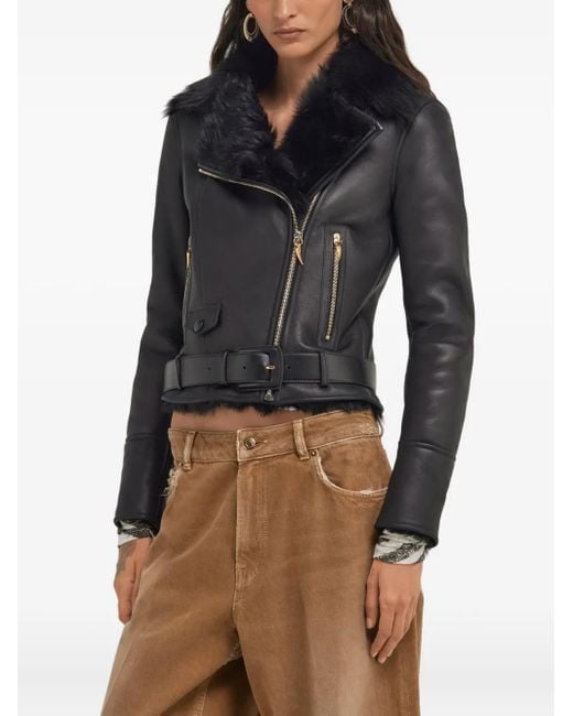 Roberto Cavalli Black Shearling Leather Jacket