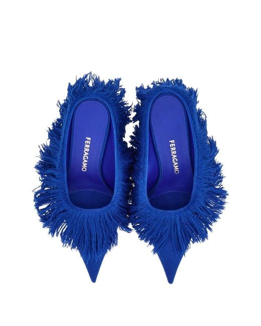 Ferragamo Blue Eva Fringe-Detail Pointed Mules