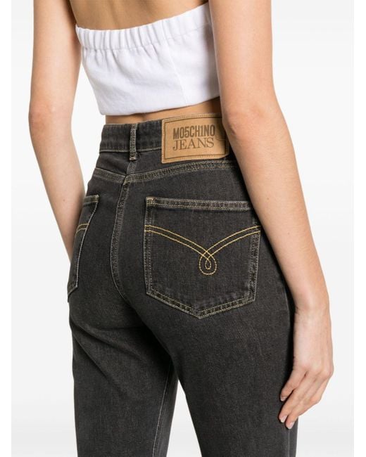 Moschino Jeans Black Logo-patch High-waisted Straight-leg Jeans