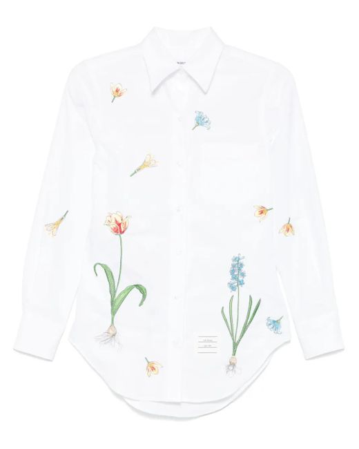 Thom Browne White Floral-Embroidery Cotton Shirt