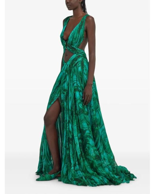 Roberto Cavalli Green Abstract-Print Gown