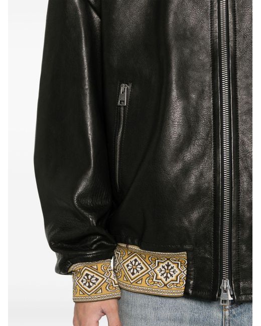 Etro Black Embroidered-logo Leather Jacket for men