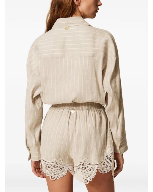 Twinset Natural Linen Blend Jacquard Shorts With Lace
