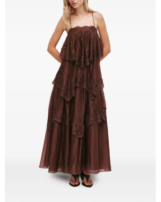 Aje. Brown Ophelia Lace-Trimmed Tiered Maxi Dress