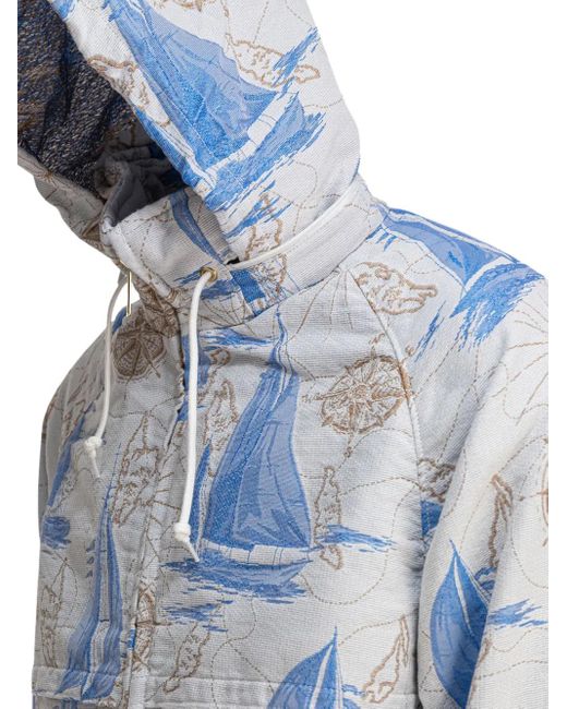 Beams Plus Blue Nautical-Print Hooded Jacket for men