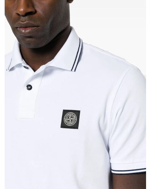 Stone Island White Slim Fit Ribbed Collar Polo With Contrasting Stripes for men