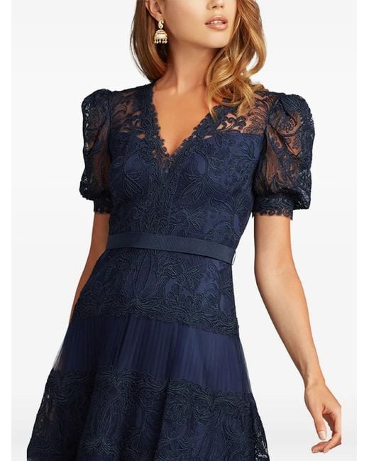Tadashi Shoji Blue Embroidered Pleated Midi Dress