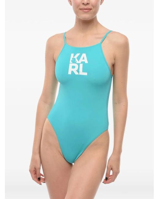Karl Lagerfeld Blue Logo-Print Open-Back Swimsuit