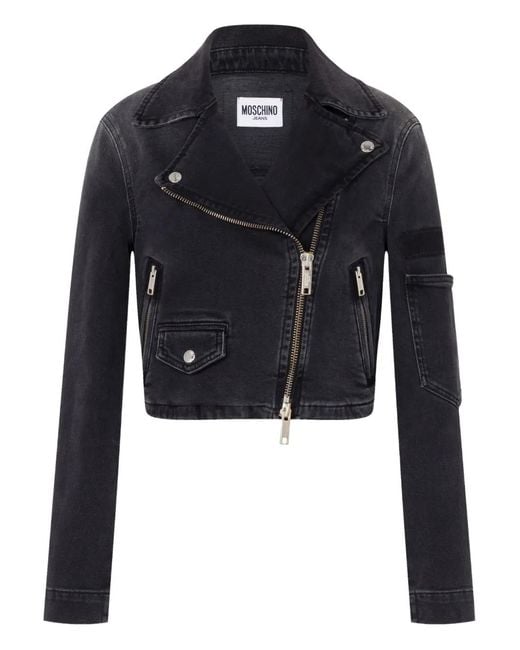 Moschino Black Denim Cropped Biker Jacket