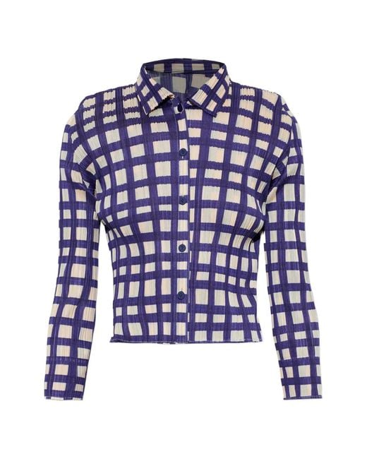 Pleats Please Issey Miyake Blue Check-Print Shirt