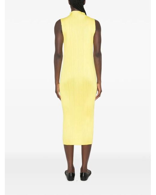Pleats Please Issey Miyake Yellow Pleated Sleeveless Midi Dress