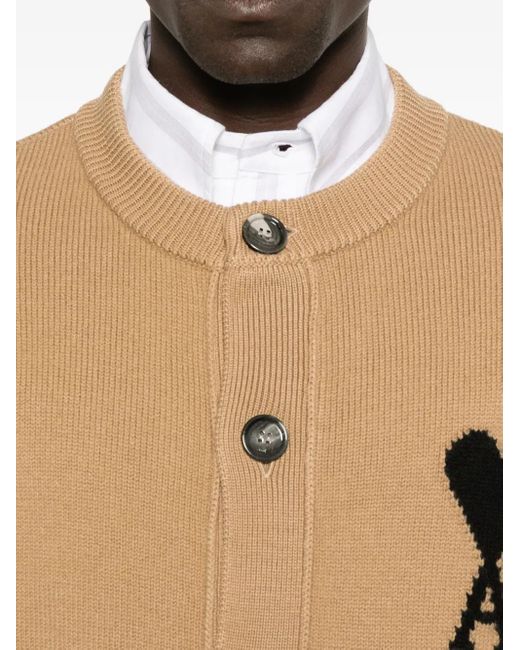 AMI Natural Heart-Logo Buttoned Cardigan
