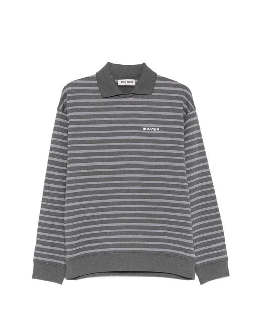 Miu Miu Gray Striped Polo-Collar Knit