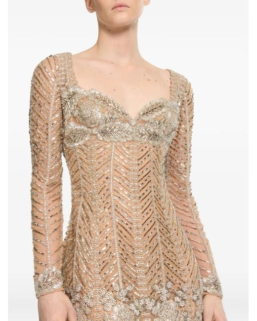 Elie Saab Natural Robe Courte À Perles Brodées