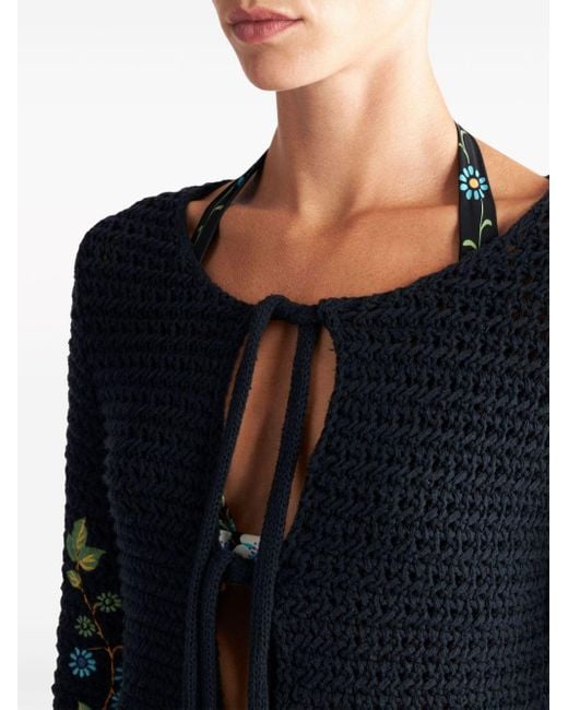 Etro Black Floral-embroidered Crochet-knit Cardigan
