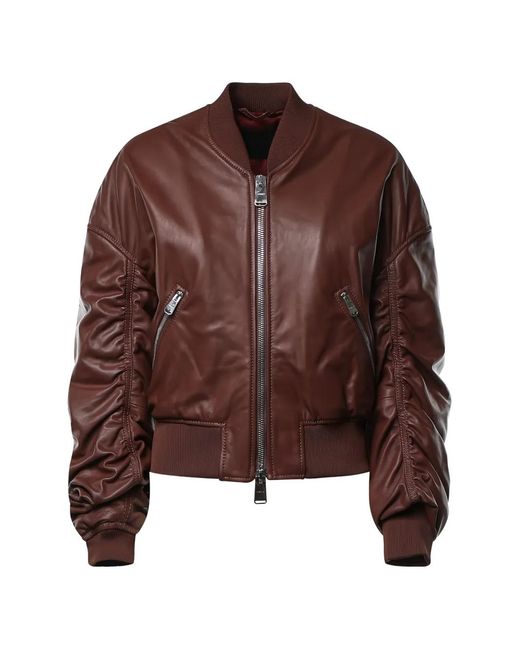 Dondup Brown Ruched Leather Bomber Jacket