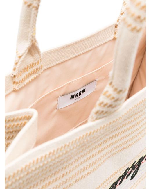 MSGM Natural Logo-embroidered Striped Tote Bag