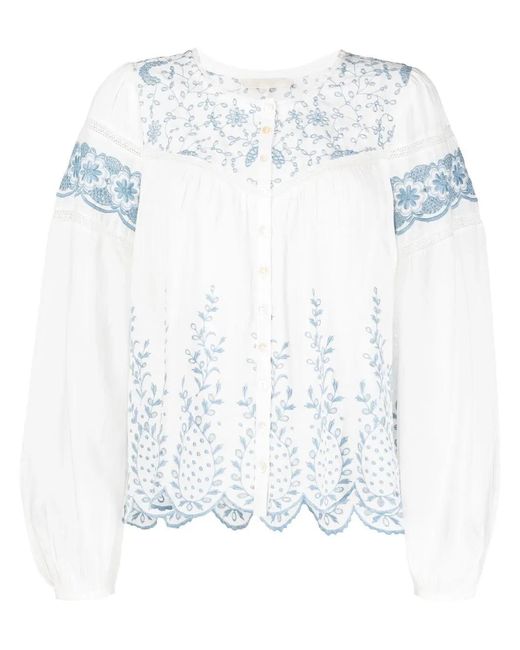 LoveShackFancy White Embroidered Crew Neck Blouse