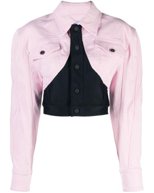 Mugler Pink Colour-block Cropped Denim Jacket