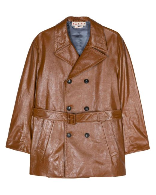 Marni Brown Belted Double-breasted Leather Coat