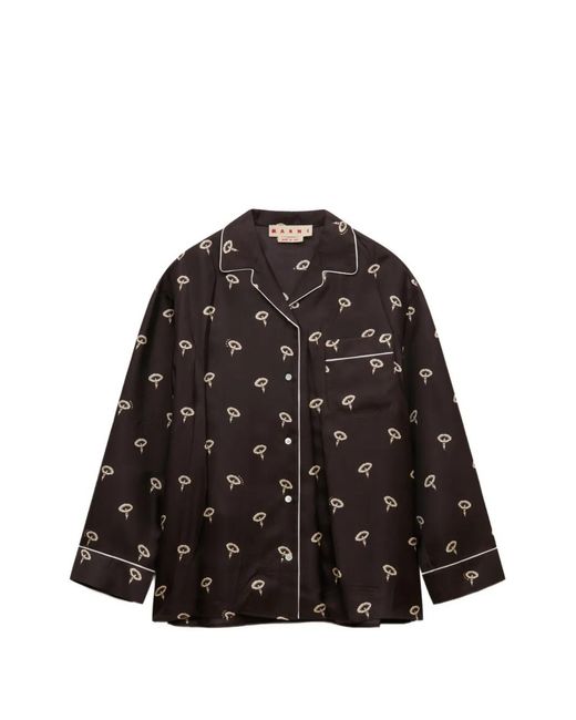 Marni Black Silk Twill Pajama Shirt With Floral Print
