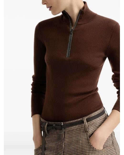Brunello Cucinelli Brown Virgin Wool And Cashmere Lightweight Ribbed Turtleneck Sweater With Precious Half-Zip