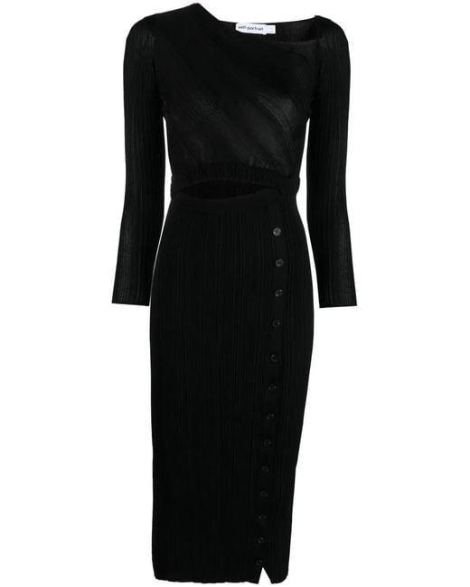 Self-Portrait Black Textured Knit Midi Dress With Wrap Bodice