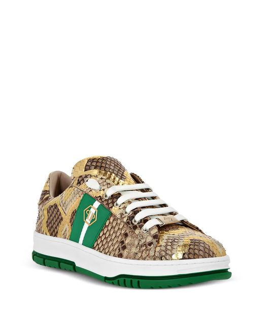 Philipp Plein Green Baskets Basses En Cuir De Python À Rayures