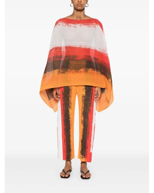 Pleats Please Issey Miyake Orange Pleated Abstract-Print Top