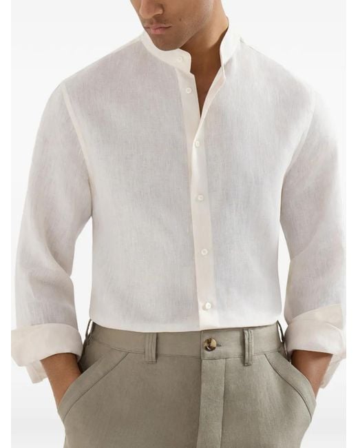 Brunello Cucinelli White Linen Easy Fit Shirt With Mandarin Collar for men