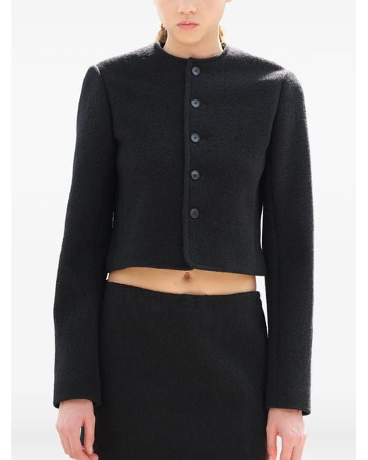 Auralee Black Collarless Wool-Blend Cropped Jacket