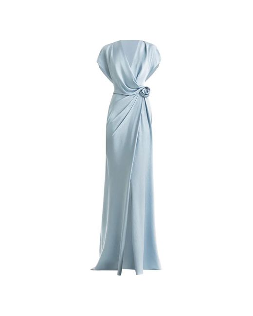 Gemy Maalouf Blue Draped V-Neck Flower Maxi Dress