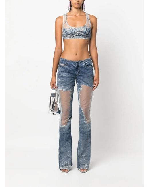 DIESEL Gray Denim-Patchwork Mesh Top