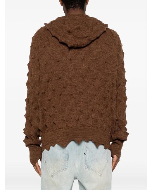 MADFRENZY Brown Spiked Zip-Up Cable-Knit Cardigan for men