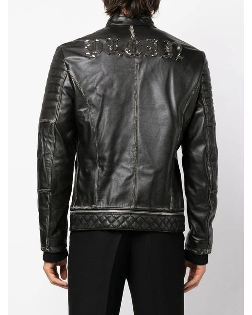 Philipp Plein Black Logo-Plaque Leather Biker Jacket for men